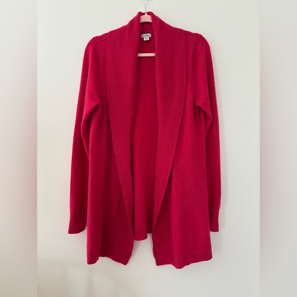 LL Bean 100% Cashmere Pink Cardigan Womens Ribbed Lapel Large
